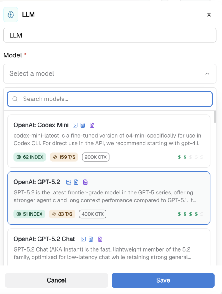 LLM configuration screen showing available OpenAI models for selection